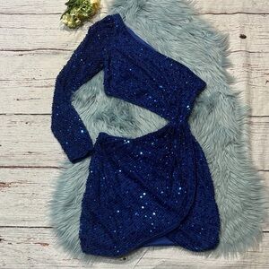 Mac Duggal Royal Blue Sequin Long Sleeve One Shoulder Cut Out Mini Dress